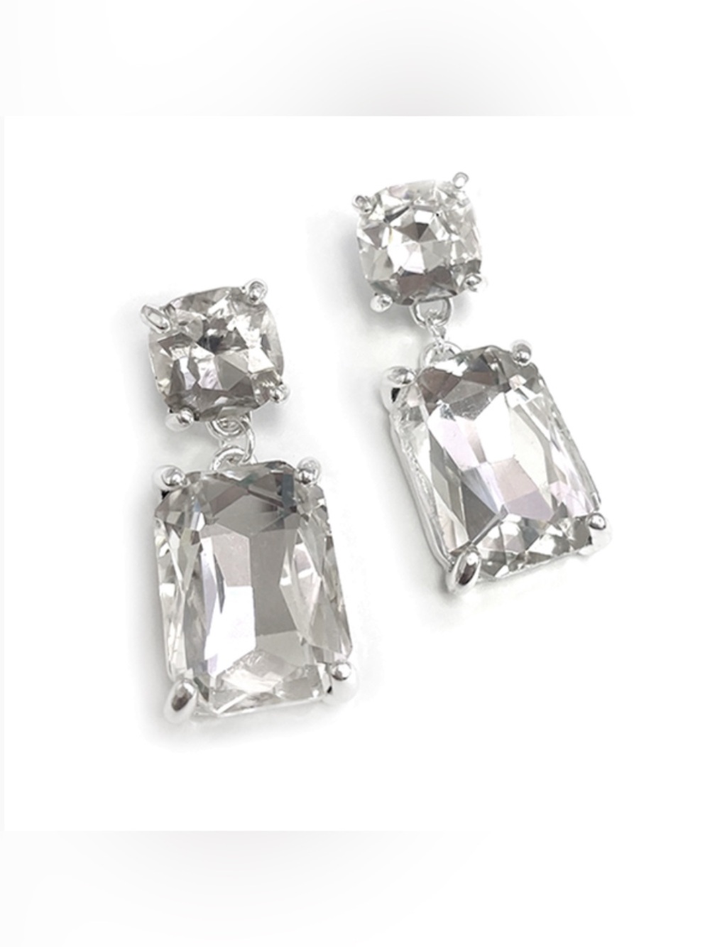 Silver Square 2 Link Cushion Cut Glass Drop Silver Earrings